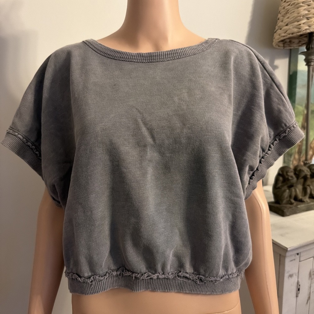 PILCRO Anthropologie Oversized Gray Cropped Crew Neck Cotton Sweatshirt Small